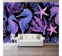 otomural Papel Pintado 3D Acuarela Vida marina Caballito de mar Fantasía Patrón - Púrpura Papel Tapiz Decorativo Moderno para Pared, Mural de Pared para 350 x 256 cm, Decoración del Hogar