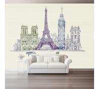 otomural Papel Pintado 3D Dibujado a mano Monumentos de la ciudad Retro Patrón - Color claro neutro Papel Tapiz Decorativo Moderno para Pared, Mural de Pared para 300 x 210 cm, Decoración del Hogar