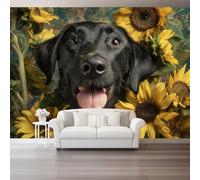 otomural Papel Pintado 3D Dibujos animados Primer plano Labrador Girasol Patrón - Amarillo negro Papel Tapiz Decorativo Moderno para Pared, Mural de Pared para 350 x 256 cm, Decoración del Hogar