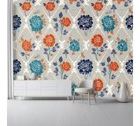 otomural Papel Pintado 3D Geométrico Rombo Flores Patrón - Azul Naranja Papel Tapiz Decorativo Moderno para Pared, Mural de Pared para 350 x 256 cm, Decoración del Hogar