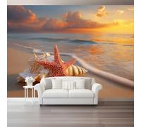 otomural Papel Pintado 3D Paisaje playero puesta sol conchas marinas arena Patrón - Marrón Naranja Papel Tapiz Decorativo Moderno para Pared, Mural de Pared para 200 x 140 cm, Decoración del Hogar