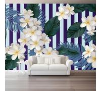 otomural Papel Pintado 3D Rayas flores tropical hojas de palma Patrón - Azul blanco Papel Tapiz Decorativo Moderno para Pared, Mural de Pared para 250 x 175 cm, Decoración del Hogar