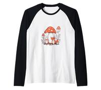 Otoño Cottagecore Estética Lindo Zorro y Setas Camiseta Manga Raglan