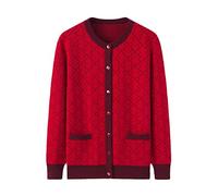 Otoño E Invierno Mamá Gorda Cuello Redondo Más Bolsillo De Un Solo Pecho Casual Suéter De Cachemira De Mujer Cárdigan De Punto Suéter,Rojo,SG