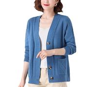 Otoño e Invierno Mujeres Retro Cardigan Suéter Chaqueta All-Match Color Sólido Botón Punto Manga Larga Cuello en V Suelto Casual Moda Señoras Suéter, azul, XL