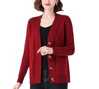 Otoño e Invierno Mujeres Retro Cardigan Suéter Chaqueta All-Match Color Sólido Botón Punto Manga Larga Cuello en V Suelto Casual Moda Señoras Suéter, granate, XL