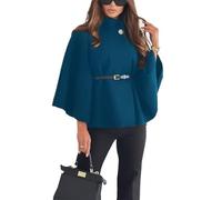 Otoño E Invierno, Poncho De Manga De Murciélago, Abrigos De Guisante For Mujer, Chaqueta Con Cinturón Y Cuello Levantado, Capa De Color Sólido A La Moda(Denim blue,S)