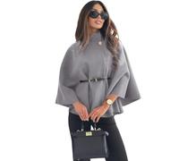 Otoño E Invierno, Poncho De Manga De Murciélago, Abrigos De Guisante For Mujer, Chaqueta Con Cinturón Y Cuello Levantado, Capa De Color Sólido A La Moda(Light Grey,XXL)
