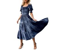 Otoño Invierno Mangas Abullonadas Vestido de Terciopelo Cuello Cuadrado Smock A Línea Vintage De Un solo Tejido Cómodo Invierno Vestido Midi Flowy Volantes Vestido Largo Vestidos De Noche, marine, XL