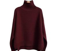 Otoño Invierno Mujeres Cuello Alto Grueso 100%% Lana Suéter Suelto Kni T Pullover Bottomin Gshirt,Vino Tinto,Talla Única