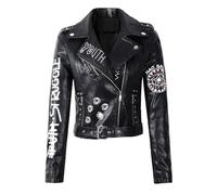 Otoño Mujeres Faux Soft Cuero Chaquetas Abrigos Lady Remache Cremallera Imprimir Motocicleta Streetwear (Color : Black, Size : Medium)