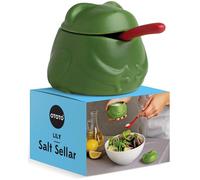 OTOTO Bodega de sal de lirio con tapa y cuchara, recipientes de sal de rana de 6 onzas para encimera, soporte de sal de cerámica con tapa para azúcar, cosas de rana, regalos de elefante blanco,