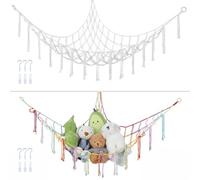 OTraki 2 Unidades Red De Almacenamiento De Peluche 100 * 135cm, Hamaca Para Juguetes De Estilo Bohemio Macramé, Bolsa Peluche Para Colgar Para Habitación Infantil (Blanco Roto Y Arcoíris)