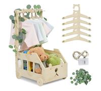 OTraki Cesta Organizadora Bebe, Cesta De Bebé De Madera con Ruedas Caja De Madera Para Baby Shower con Hojas Decorativas, 5 Perchas Cesta Bebe para Cumpleaños, Baby Shower, Nuevos Padres