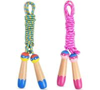 OTraki Cuerda de saltar colorida para niños, 2 unidades, 2,5 m, mango de madera, arco iris, ajustable, para niños, fitness, ejercicio, cuerda para niños, niñas, azul y rosa