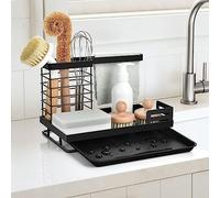 OTraki Organizador Fregadero Cocina Acero al Carbono Duradero Porta Estropajos Fregadero con Bandeja de Drenaje Extraíble Organizador Sink Caddy Soporte para Esponja Cepillo Negro