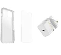 OtterBox Paquete para iPhone 13 Carcasa Protectora Delgada Symmetry Clear, película Protectora de Vidrio Templado Alpha Glass y Cargador de Pared UK 20W USB-C PD