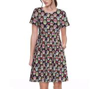 OTTKGGA Vestido de manga corta con calaveras de flores coloridas para mujer, cuello redondo, vestido tipo túnica con bolsillos, casual, verano, vacaciones, playa, Negro, XXL