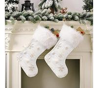 OTTYMO 2pcs Medias de Navidad, Calcetines Navideños de Tela de Felpa, Patrón de Copo de Nieve Dorado, con Gancho, Medias de Navidad Decoración, para Decorar Chimenea, Árbol(22 Pulgadas, Blanco)