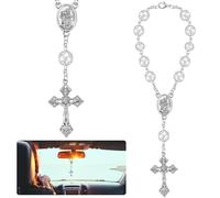 Otuuz 1 Rosario de Coche para Espejo Retrovisor con San Cristóbal y Crucifijo, Plata, Regalo para Conductor Rosario de Oración para Parasol Espejo Interior Talismán para Buena Suerte en Viaje
