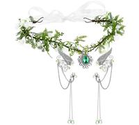 Otuuz 2 Piezas Set de Corona de Elfos de Diamantes de Imitación de Renacimiento Pendientes de Puño de Orejas de Elfos sin Orificios de Mardi Gras Diadema de Hojas de Elfos para Disfraz Cosplay Mujer