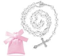 Otuuz Collar Católico de Cuentas de Rosario de Vidrio de Metal Plateado Collar Largo Religioso de Oración Sagrada con Colgante de Crucifijo Medalla Cruz y Bolsa de Cordón de Terciopelo