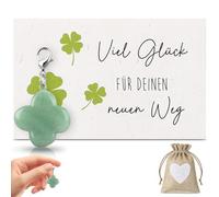 Otuuz Set de 3 Regalo de Suerte Amuletos de Suerte Llavero con Colgante de Trébol de Cuatro Hojas de Jade Tarjeta de Suerte para Nuevo Camino Bolsa de Lino para Navidad Examen Cumpleaños