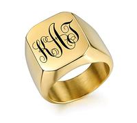 OTXIXTO Anillos de Sello con Monograma Inicial Personalizado para Hombres Anillos de Acero Inoxidable Personalizados Negro Plata Oro Colores Regalo de Memoria Ideal para Hombre Novio(Oro)