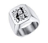 OTXIXTO Anillos de Sello con Monograma Inicial Personalizado para Hombres Anillos de Acero Inoxidable Personalizados Negro Plata Oro Colores Regalo de Memoria Ideal para Hombre Novio(Plata)