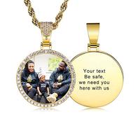 OTXIXTO Collar de Fotos Personalizado Foto Medalla de Cobre Grabado Texto/Nombre/Fecha Memoria Angel Alas y Corazón y Pendiente Redondo con Cadena de Cuerda Hip Hop Charm (S13 30 Pulgadas)