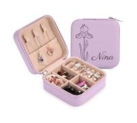 OTXIXTO Organizador Joyas Cuero Personalizado con Nombre Flor de Nacimiento Grabado Estuche Viaje Organizador Joyas para Collar/Anillo/Pendiente Joyero Caja Viaje Personalizado para Mujer - A: Morado