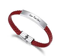 OTXIXTO Pulsera de Cuero Personalizada Grabado Nombre Fecha ID Acero Inoxidable Estilo Trenzado Ajustable Aniversario Amistad Regalo para Hombres Padre Mejor Amigo (Rojo)