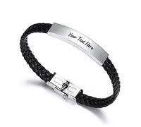 OTXIXTO Pulsera de Cuero Personalizada Grabado Nombre Fecha ID Acero Inoxidable Estilo Trenzado Ajustable Aniversario Amistad Regalo para Hombres Padre Mejor Amigo (Negro)