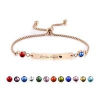 OTXIXTO Pulsera Nombre Personalizado con 2 Piedra de Nacimiento Pulsera Barra Acero Inoxidable Ajustable con Grabado Nombre/Fecha Pulsera Placa Nombre Personalizada Para Mujer Madre Novia (Oro Rosa)