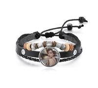 OTXIXTO Pulseras Personalizadas con Foto para Mujer Pulseras con Imagen Personalizadas Pulsera de Cuero Ajustable con Foto Interior Pulseras de Mujer con Fotos Pulseras Memorial con Imagen (A2: Negro)