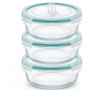 Otyma Set de 3 Recipientes Herméticos de Vidrio - Tápers de Vidrio con Tapa con Válvula - Aptos para Microondas, Frigorífico y Lavavajillas - (Redonda, 1200, Mililitros)