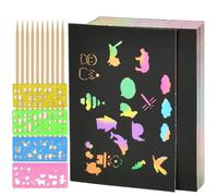 OTYMIOW 100 Hojas Dibujo Scratch Scratch Art Paper Láminas para Rascar Creativas, Manualidades, Escribir Listas, 4 Plantillas de Dibujo y 10 lápices de Madera, Colores del Arco Iris