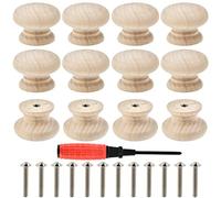 OTYMIOW Pomos de Madera Natural 12PCS Pomos Redondos de Madera para Puertas 3.5×2.5cm Pomo Redondo con Mango para Cajón Pomos con Destornillador, Tornillos Largos para Armarios, Mesilla de Noche