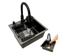 OUBUBY Fregadero de cocina negro, 45 x 40 cm, 1 cuenco, acero inoxidable, rectangular, moderno, empotrable, con escurridor, grifo, dispensador de jabón, color negro