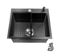 OUBUBY Fregadero de granito negro, 40 x 45 cm, negro, rectangular, empotrable, de granito, cocina, pequeño, individual con agujeros para grifo, 1 lavabo de acero inoxidable