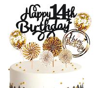 Ouceanwin Decoración de Tartas de Feliz Cumpleaños, Oro Negro Topper Tarta Cumpleaños 14 años, Purpurina Cake Topper Happy Birthday Decoración de Pastel para Fiesta de Cumpleaños 14 años Niño Niña