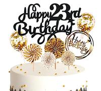 Ouceanwin Decoración de Tartas de Feliz Cumpleaños, Oro Negro Topper Tarta Cumpleaños 23 años, Purpurina Cake Topper Happy Birthday Decoración de Pastel para Fiesta de Cumpleaños 23 años Hombre Mujer