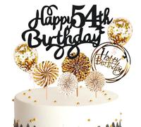 Ouceanwin Decoración de Tartas de Feliz Cumpleaños, Oro Negro Topper Tarta Cumpleaños 54 años, Purpurina Cake Topper Happy Birthday Decoración de Pastel para Fiesta de Cumpleaños 54 años Hombre Mujer