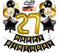 Ouceanwin Globos 27 Cumpleaños Hombre, Decoración Cumpleaños 27 años Mujer, Happy Birthday Decoración de Tartas de Cumpleaños, Oro Negro Kit de Decoracion para Fiesta de Cumpleaños 27 años Adulto