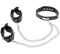 Ouch! Bonded Leather Collar With Hand Cuffs - With Adjustable Straps and chain