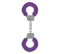 ¡Ouch! By Shots OU002PUR Esposas de peluche para principiantes - Metal y piel sintética - Morado - Botón de liberación rápida y llaves - Dimensiones: 28,5 x 7,5 x 1,5 cm