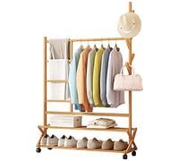 OUdini Perchero Resistente con Ruedas, Perchero Portátil de Bambú con Riel para Colgar Y Estante de Almacenamiento de Doble Nivel para Entrada Al por Menor Del Dormitorio/100 * 35 * 152Cm