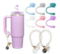 Oudizz 6 Tapas de Silicona para Pajitas Compatible con Stanley Cup 10mm Pajita y 2 Cadenas de Letras - Set de Accesorios para Tazas (letra P)