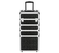 OUDMAY Maletín de maquillaje 4 en 1, organizador profesional de cosméticos con ruedas, marco de aluminio y bandejas plegables, Diamantes negros, 13.4x10.4x28.7 Inch (Pack of 1), Diamante