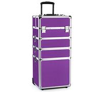 OUDMAY Maletín de maquillaje 4 en 1, organizador profesional de cosméticos con ruedas, marco de aluminio y bandejas plegables, Purple, Morado plano